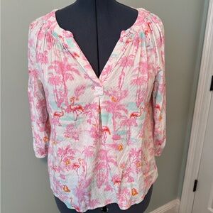 Crown & Ivy Pink Flamingo 3/4 sleeve Blouse V neck Sz L